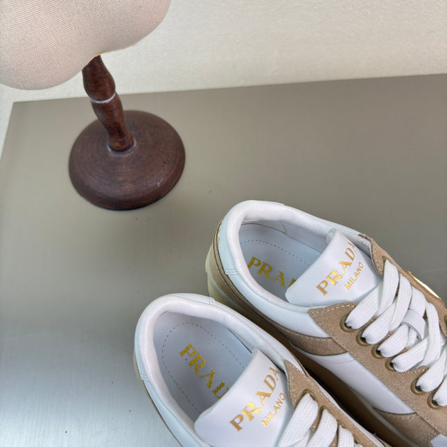 PRADA 26S DOWNTOWN THICK SOLE SNEAKERS IN WHITE CALFSKIN AND BROWN SUEDE