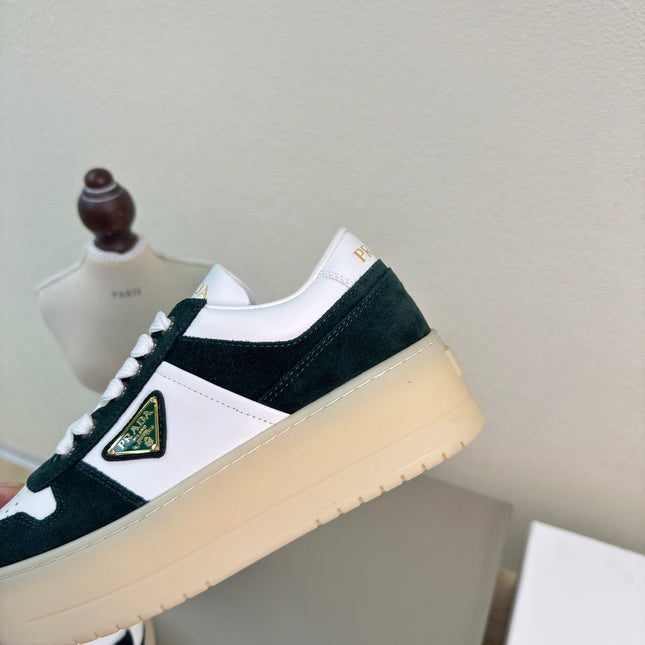PRADA 26S DOWNTOWN THICK SOLE SNEAKERS IN WHITE CALFSKIN AND BLACK SUEDE