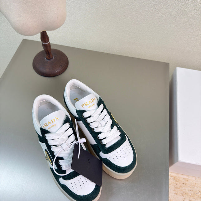 PRADA 26S DOWNTOWN THICK SOLE SNEAKERS IN WHITE CALFSKIN AND BLACK SUEDE
