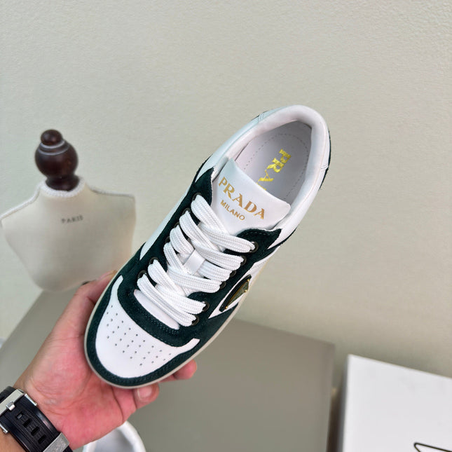 PRADA 26S DOWNTOWN THICK SOLE SNEAKERS IN WHITE CALFSKIN AND BLACK SUEDE