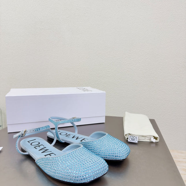 LOEWE 26S CRYSTAL-EMBELLISHED SLINGBACK FLAT PUMPS IN LIGHT BLUE CALFSKIN