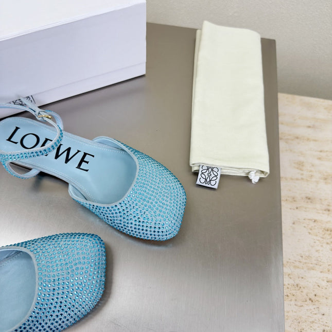 LOEWE 26S CRYSTAL-EMBELLISHED SLINGBACK FLAT PUMPS IN LIGHT BLUE CALFSKIN