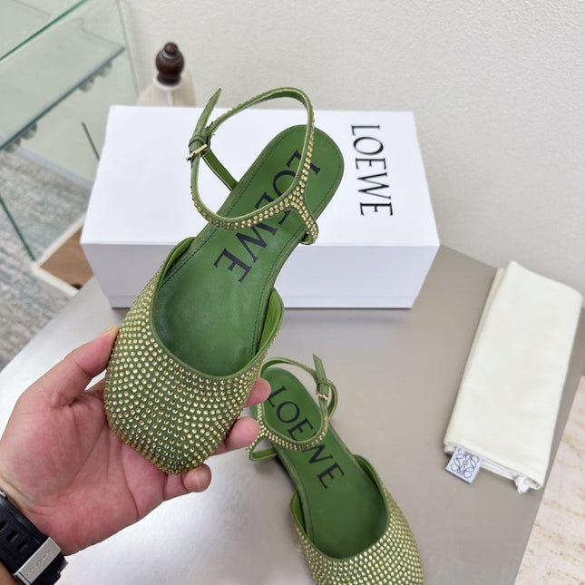 LOEWE 26S CRYSTAL-EMBELLISHED SLINGBACK FLAT PUMPS IN GREEN CALFSKIN