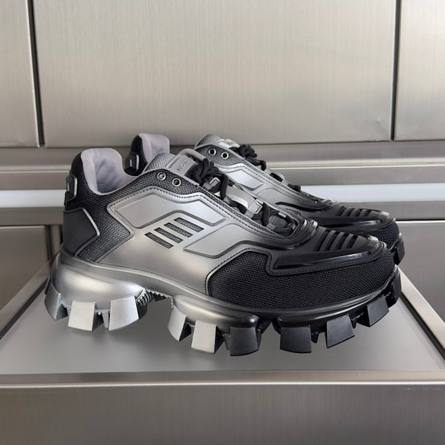 PRADA 26S CLOUDBUST THUNDER SNEAKERS 60MM IN BLACK AND SILVER MESH FABRIC AND TPU