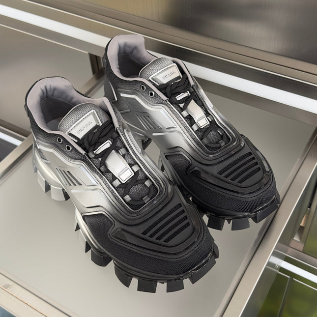 PRADA 26S CLOUDBUST THUNDER SNEAKERS 60MM IN BLACK AND SILVER MESH FABRIC AND TPU