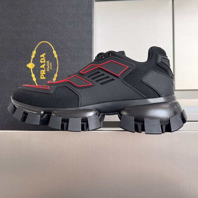 PRADA 26S CLOUDBUST THUNDER SNEAKERS 60MM IN BLACK AND RED MESH FABRIC AND TPU