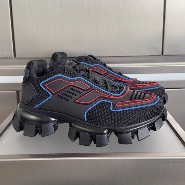 PRADA 26S CLOUDBUST THUNDER SNEAKERS 60MM IN BLACK AND RED MESH FABRIC AND TPU