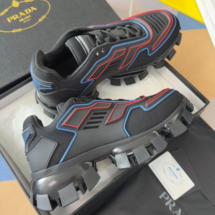 PRADA 26S CLOUDBUST THUNDER SNEAKERS 60MM IN BLACK AND RED MESH FABRIC AND TPU