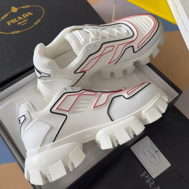 PRADA 26S CLOUDBUST THUNDER SNEAKERS 60MM IN WHITE AND RED MESH FABRIC AND TPU