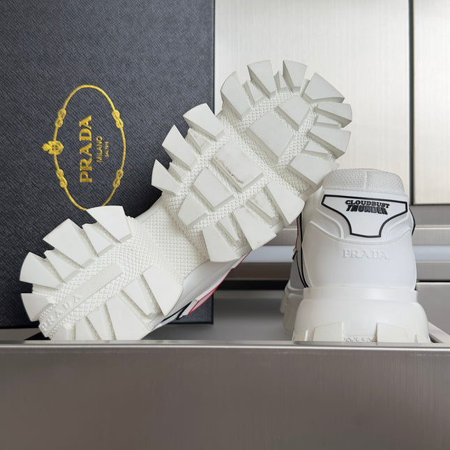 PRADA 26S CLOUDBUST THUNDER SNEAKERS 60MM IN WHITE AND RED MESH FABRIC AND TPU