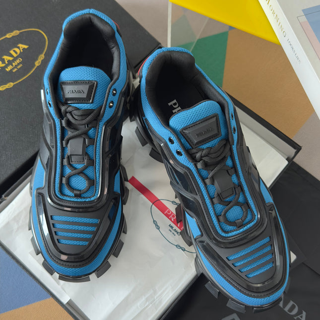 PRADA 26S CLOUDBUST THUNDER SNEAKERS 60MM IN BLUE MESH FABRIC AND TPU