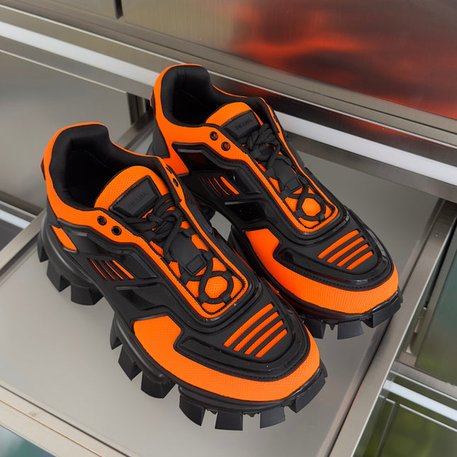 PRADA 26S CLOUDBUST THUNDER SNEAKERS 60MM IN ORANGE RED MESH FABRIC AND TPU