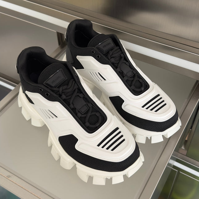PRADA 26S CLOUDBUST THUNDER SNEAKERS 60MM IN WHITE AND BLACK MESH FABRIC AND TPU