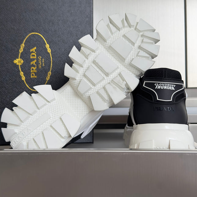 PRADA 26S CLOUDBUST THUNDER SNEAKERS 60MM IN WHITE AND BLACK MESH FABRIC AND TPU