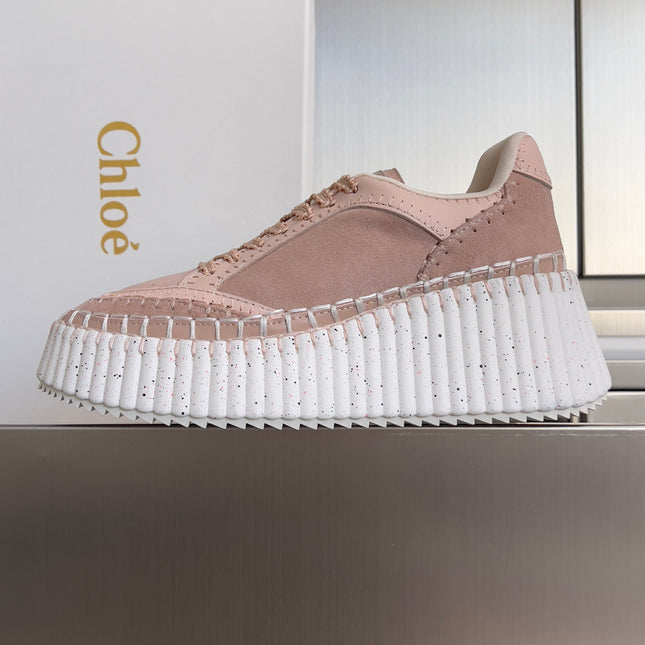 CHLOÉ 26S WEDGE SNEAKERS 70 MM IN PINK BEIGE SUEDE