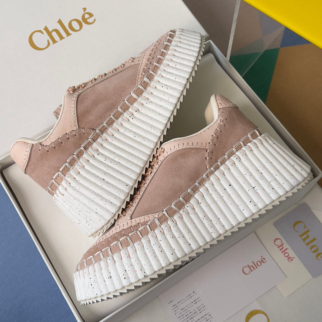 CHLOÉ 26S WEDGE SNEAKERS 70 MM IN PINK BEIGE SUEDE