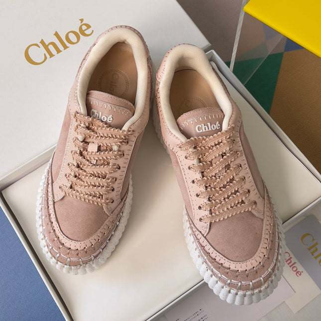 CHLOÉ 26S WEDGE SNEAKERS 70 MM IN PINK BEIGE SUEDE