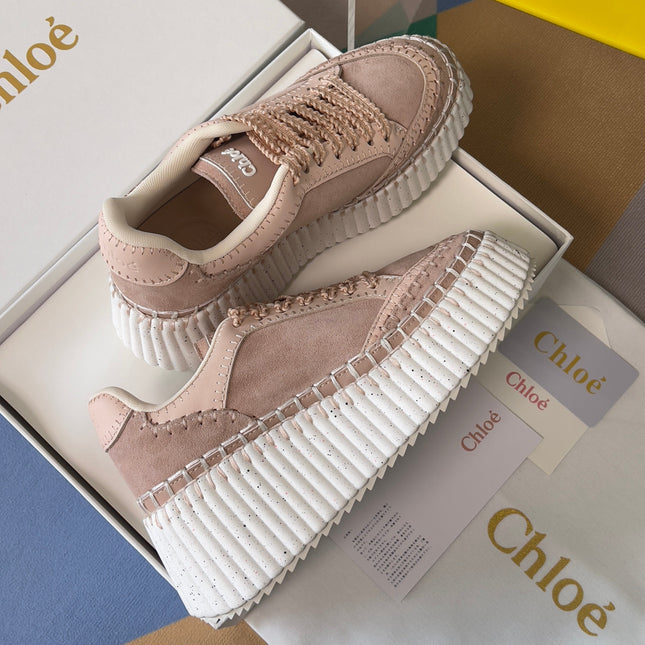 CHLOÉ 26S WEDGE SNEAKERS 70 MM IN PINK BEIGE SUEDE