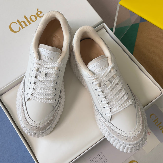 CHLOÉ 26S WEDGE SNEAKERS 70 MM IN WHITE CALFSKIN