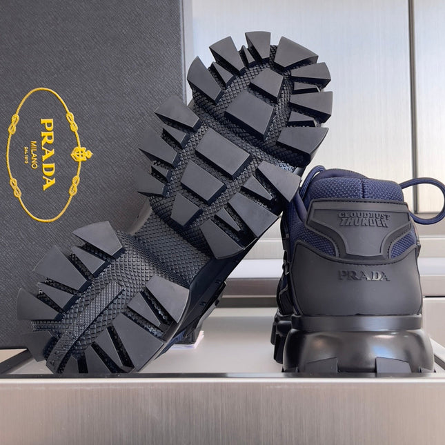 PRADA 26S CLOUDBUST THUNDER SNEAKERS 60MM IN NAVY BLUE MESH FABRIC