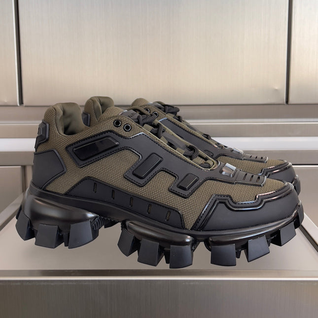 PRADA 26S CLOUDBUST THUNDER SNEAKERS 60MM IN OLIVE BROWN MESH FABRIC
