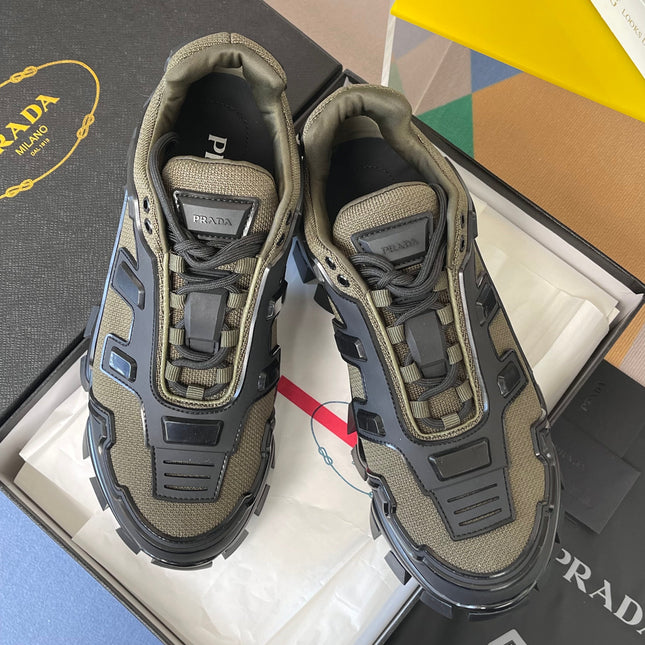 PRADA 26S CLOUDBUST THUNDER SNEAKERS 60MM IN OLIVE BROWN MESH FABRIC