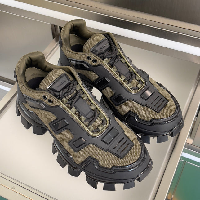 PRADA 26S CLOUDBUST THUNDER SNEAKERS 60MM IN OLIVE BROWN MESH FABRIC