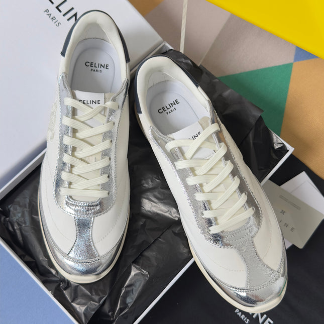 CELINE 26S RACER SNEAKERS IN WHITE FABRIC AND SILVER CALFSKIN