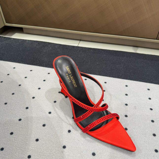 HIGH CRYSTAL STRAP SANDALS IN RED SILK