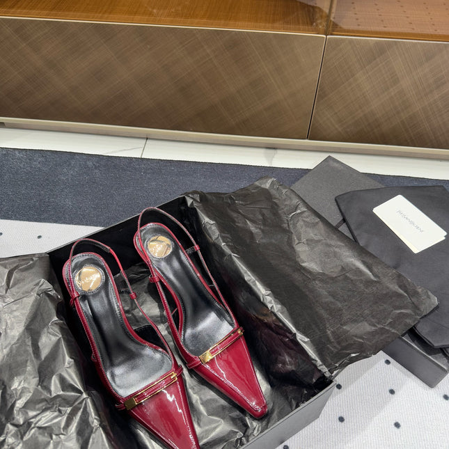 YSL 26S HEELED SLINGBACKS 75 MM IN DARK RED GLOSSY CALFSKIN