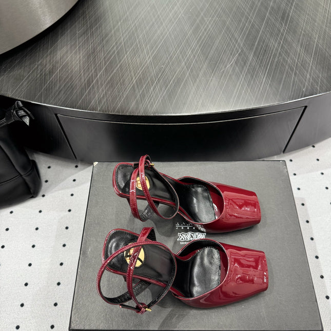 YSL 26S SQUARE-TOE HIGH HEELS 105 MM IN DARK RED PATENT CALFSKIN