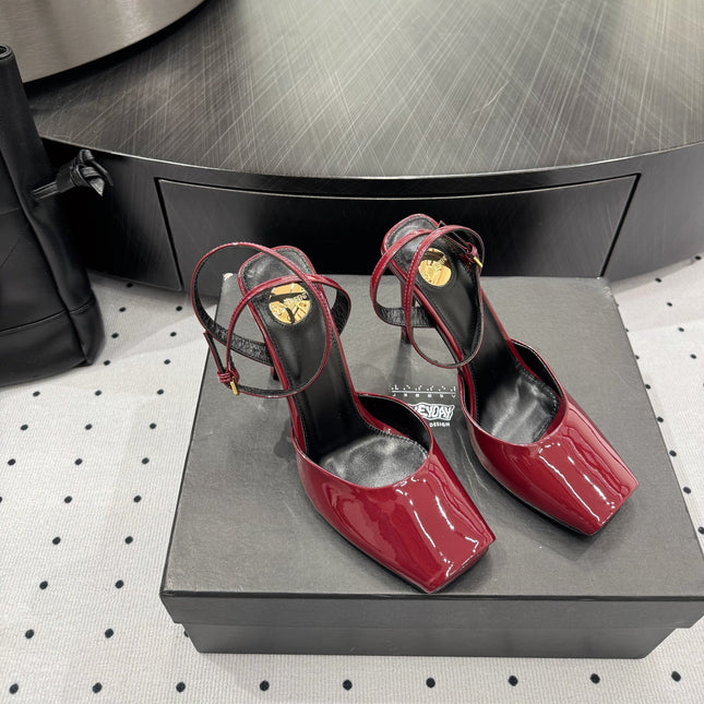 YSL 26S SQUARE-TOE HIGH HEELS 105 MM IN DARK RED PATENT CALFSKIN