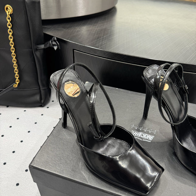 YSL 26S SQUARE-TOE HIGH HEELS 105 MM IN BLACK PATENT CALFSKIN