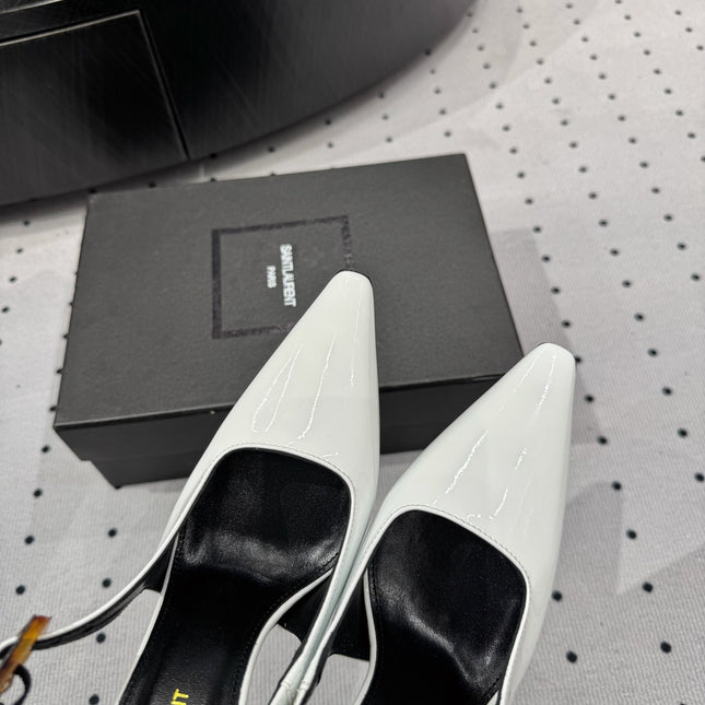 YSL 26S SLINGBACK HEELS 105 MM IN WHITE GLOSSY CALFSKIN WITH BUCKLE CLOSURE