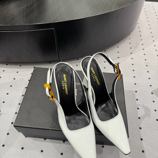 YSL 26S SLINGBACK HEELS 105 MM IN WHITE GLOSSY CALFSKIN WITH BUCKLE CLOSURE