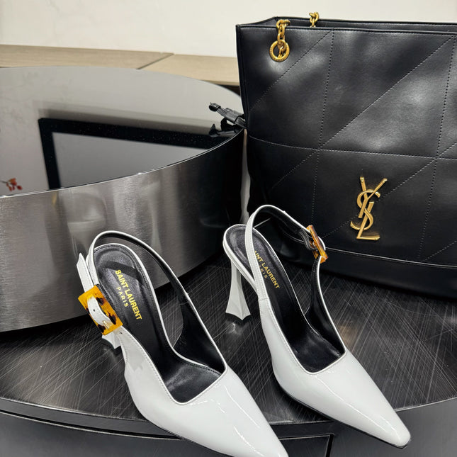 YSL 26S SLINGBACK HEELS 105 MM IN WHITE GLOSSY CALFSKIN WITH BUCKLE CLOSURE