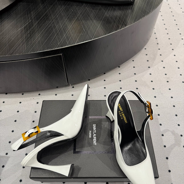 YSL 26S SLINGBACK HEELS 105 MM IN WHITE GLOSSY CALFSKIN WITH BUCKLE CLOSURE