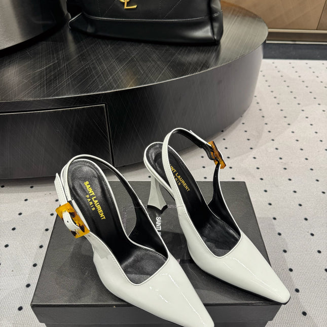 YSL 26S SLINGBACK HEELS 105 MM IN WHITE GLOSSY CALFSKIN WITH BUCKLE CLOSURE