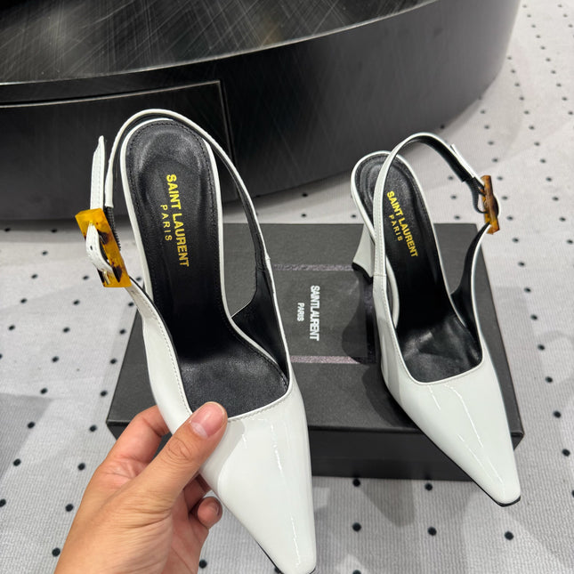 YSL 26S SLINGBACK HEELS 105 MM IN WHITE GLOSSY CALFSKIN WITH BUCKLE CLOSURE