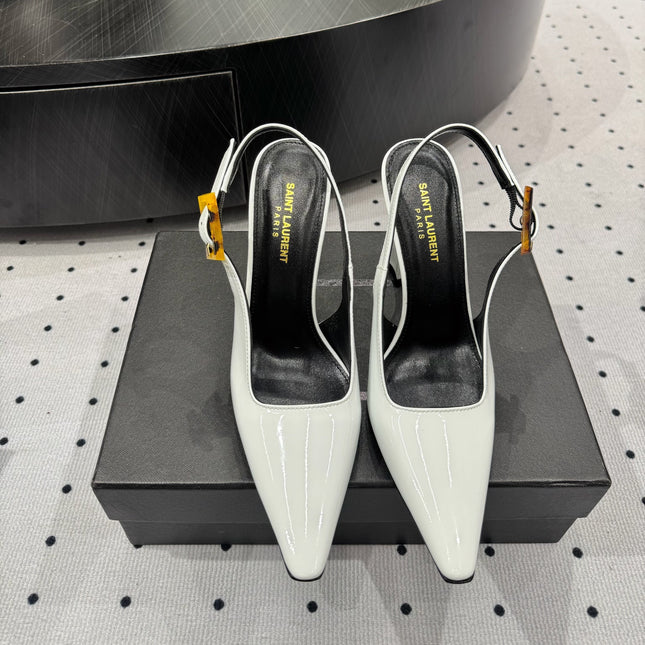 YSL 26S SLINGBACK HEELS 105 MM IN WHITE GLOSSY CALFSKIN WITH BUCKLE CLOSURE