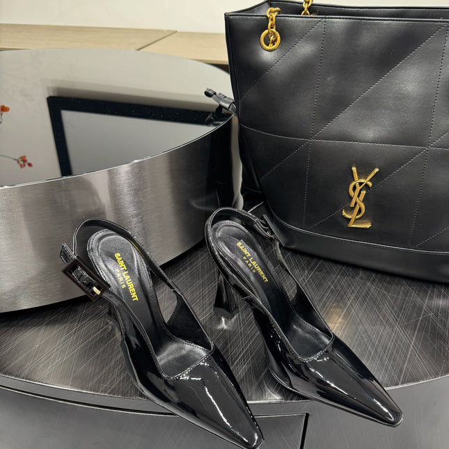 YSL 26S SLINGBACK HEELS 105 MM IN BLACK GLOSSY CALFSKIN WITH BUCKLE CLOSURE