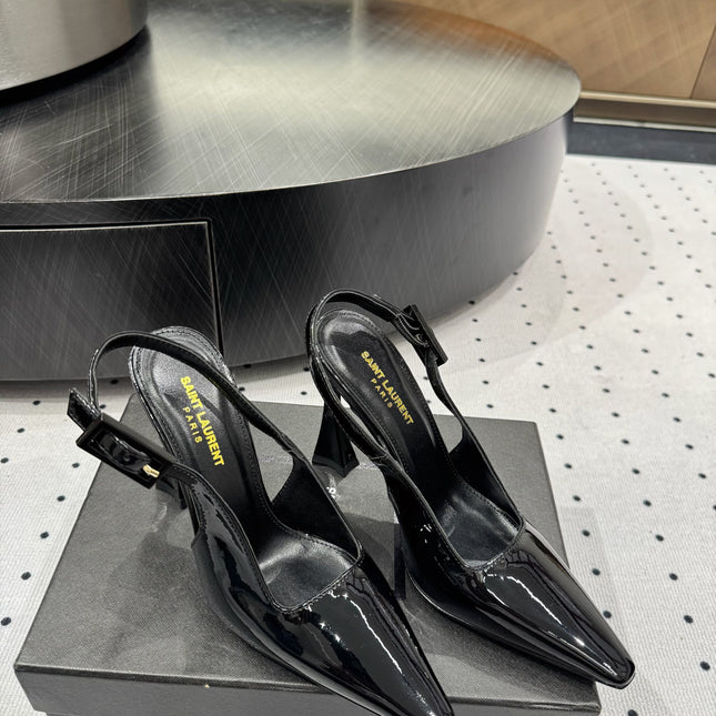 YSL 26S SLINGBACK HEELS 105 MM IN BLACK GLOSSY CALFSKIN WITH BUCKLE CLOSURE