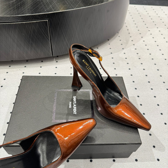 YSL 26S SLINGBACK HEELS 105 MM IN DARK ORANGE GLOSSY CALFSKIN WITH BUCKLE CLOSURE