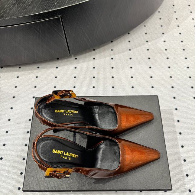 YSL 26S SLINGBACK HEELS 105 MM IN DARK ORANGE GLOSSY CALFSKIN WITH BUCKLE CLOSURE