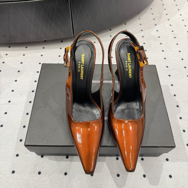YSL 26S SLINGBACK HEELS 105 MM IN DARK ORANGE GLOSSY CALFSKIN WITH BUCKLE CLOSURE