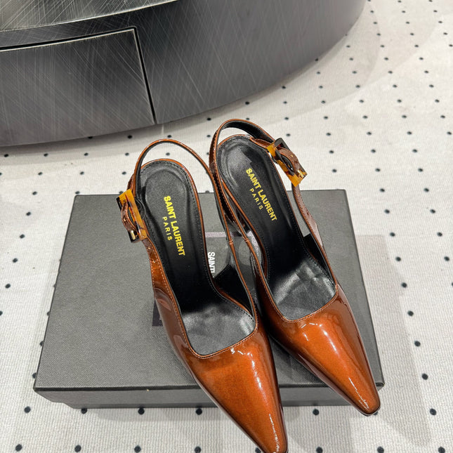 YSL 26S SLINGBACK HEELS 105 MM IN DARK ORANGE GLOSSY CALFSKIN WITH BUCKLE CLOSURE