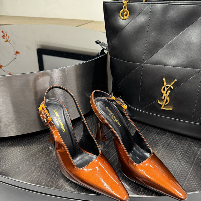 YSL 26S SLINGBACK HEELS 105 MM IN DARK ORANGE GLOSSY CALFSKIN WITH BUCKLE CLOSURE
