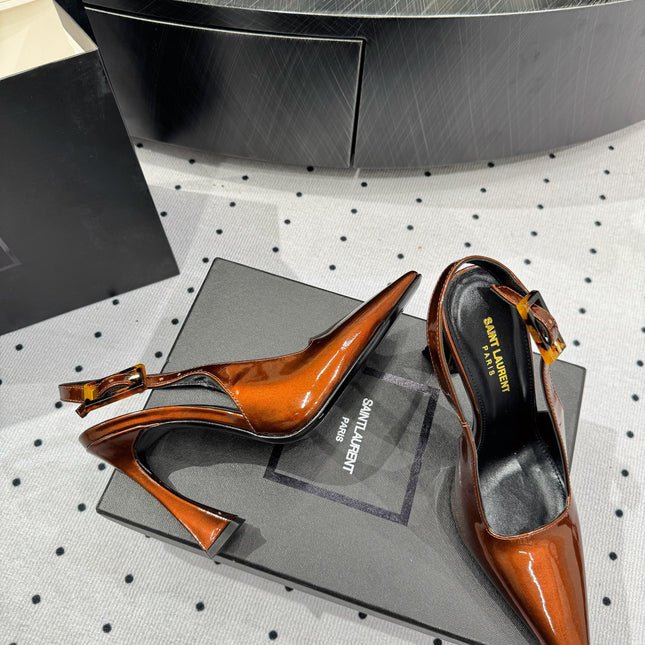 YSL 26S SLINGBACK HEELS 105 MM IN DARK ORANGE GLOSSY CALFSKIN WITH BUCKLE CLOSURE