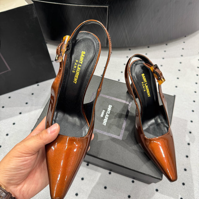 YSL 26S SLINGBACK HEELS 105 MM IN DARK ORANGE GLOSSY CALFSKIN WITH BUCKLE CLOSURE