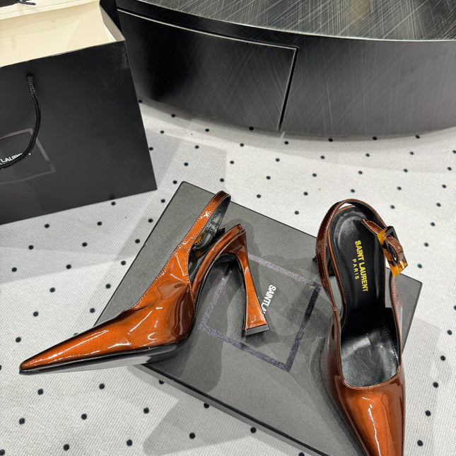 YSL 26S SLINGBACK HEELS 105 MM IN DARK ORANGE GLOSSY CALFSKIN WITH BUCKLE CLOSURE
